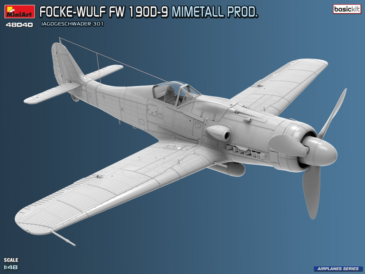 Vista frontal derecha de la maqueta del caza alemán Fw-190 D9 en escala 1:48 de Miniart referencia 48040