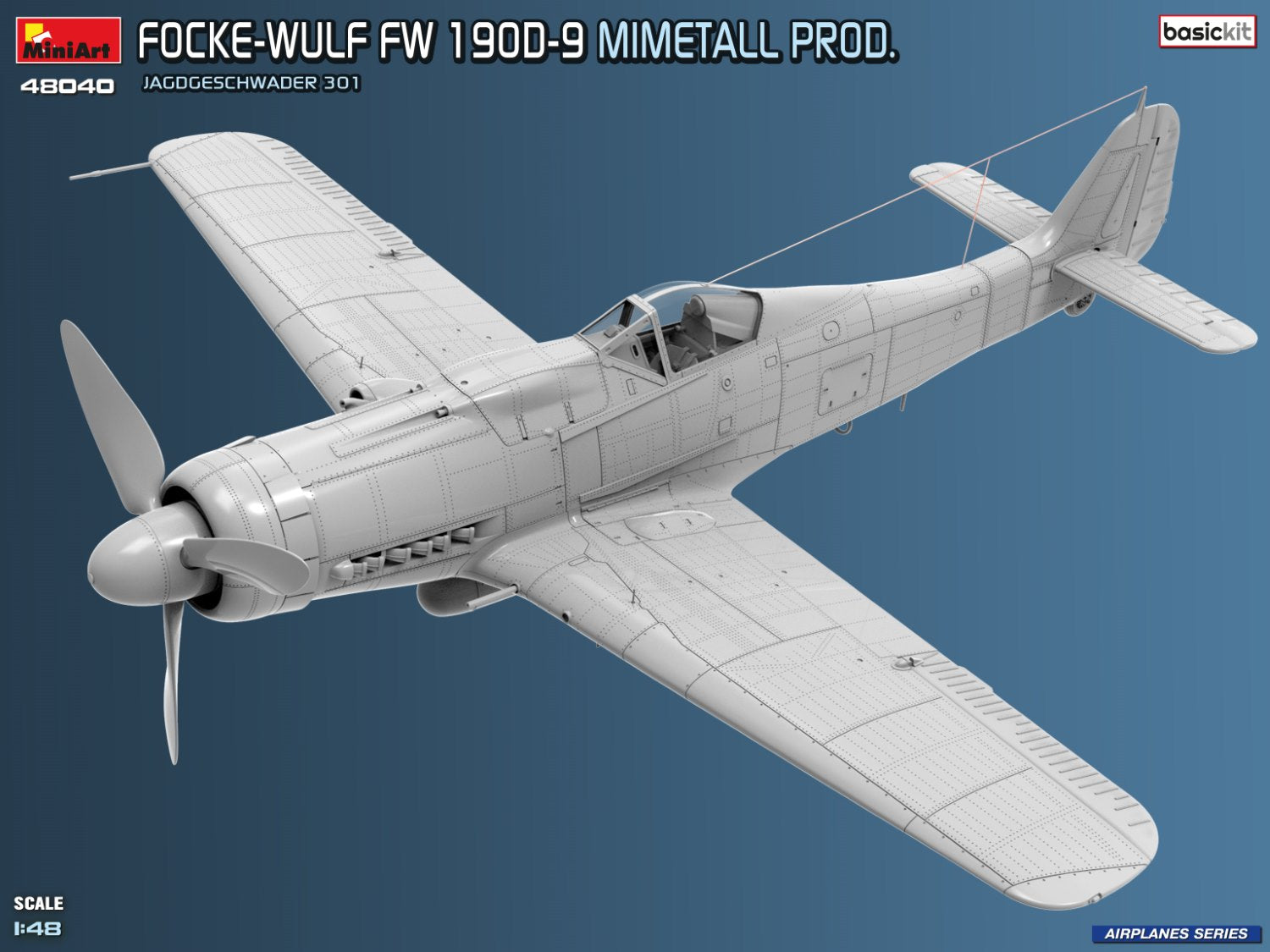 Vista frontal izquierda de la maqueta del caza alemán Fw-190 D9 en escala 1:48 de Miniart referencia 48040