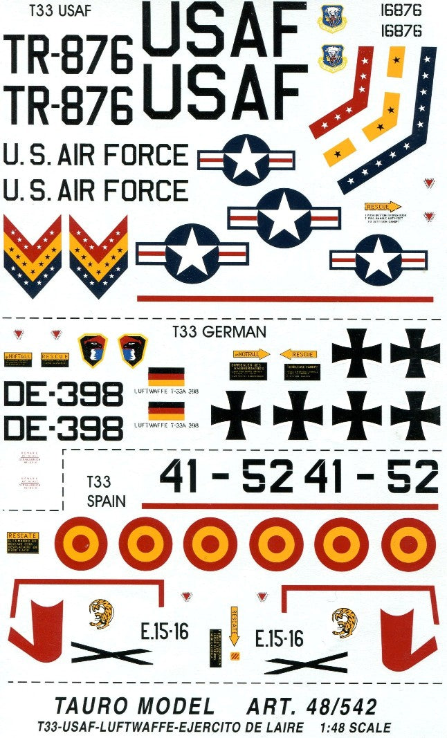 Juego de calcas para caza norteamericano T-33A en escala 1:48 de Tauro Model referencia 48 542