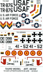 Juego de calcas para caza norteamericano T-33A en escala 1:48 de Tauro Model referencia 48 542