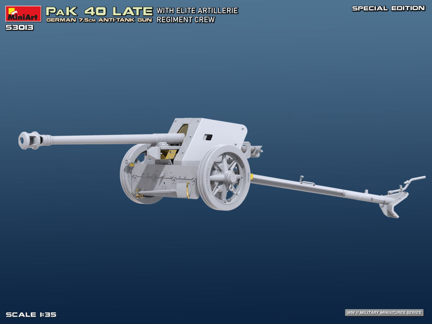Vista frontal de la maqueta del cañón anticarro alemán PaK 40 en escala 1:35 de Miniart referencia 53013