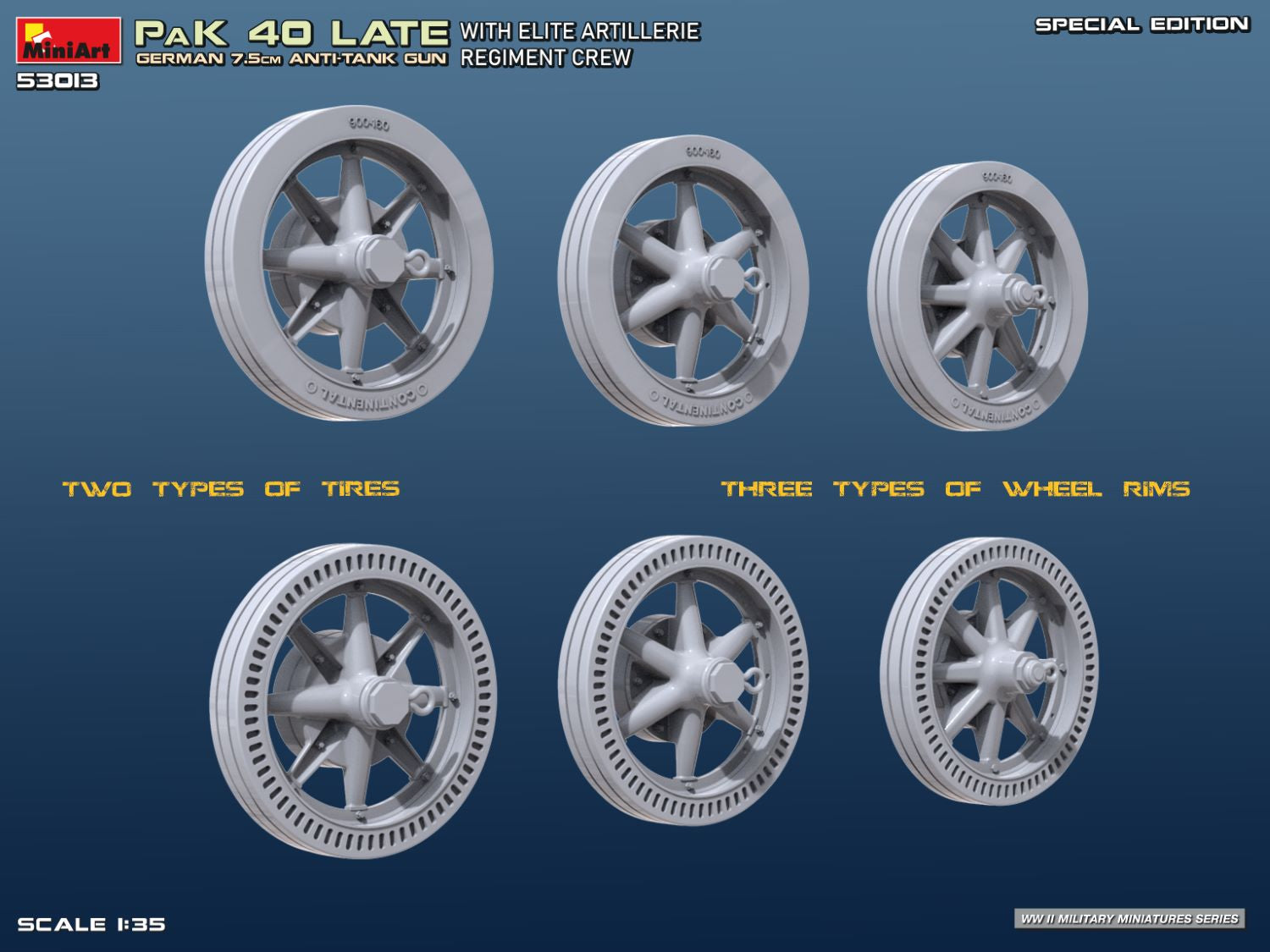 Tipos de ruedas de la maqueta del cañón anticarro alemán PaK 40 en escala 1:35 de Miniart referencia 53013