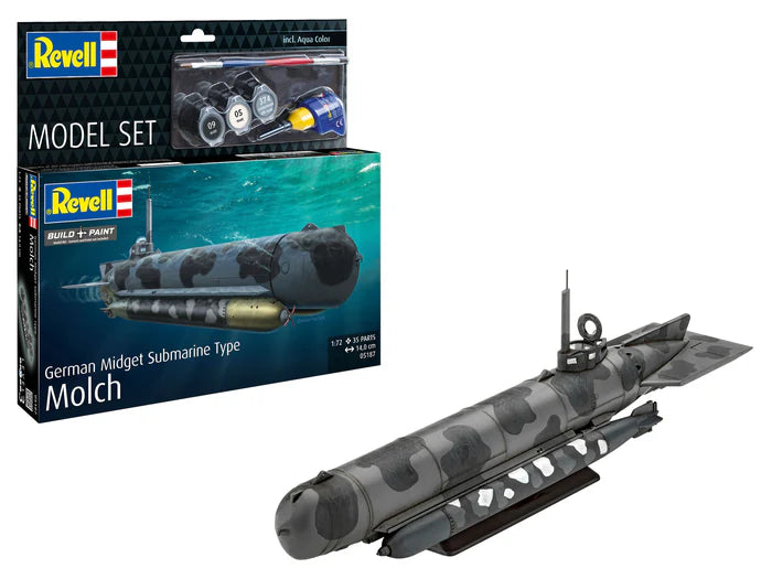 Model set del submarino alemán clase Molch en escala 1:72 con pinturas, pincel y pegamento de Revell referencia 65187