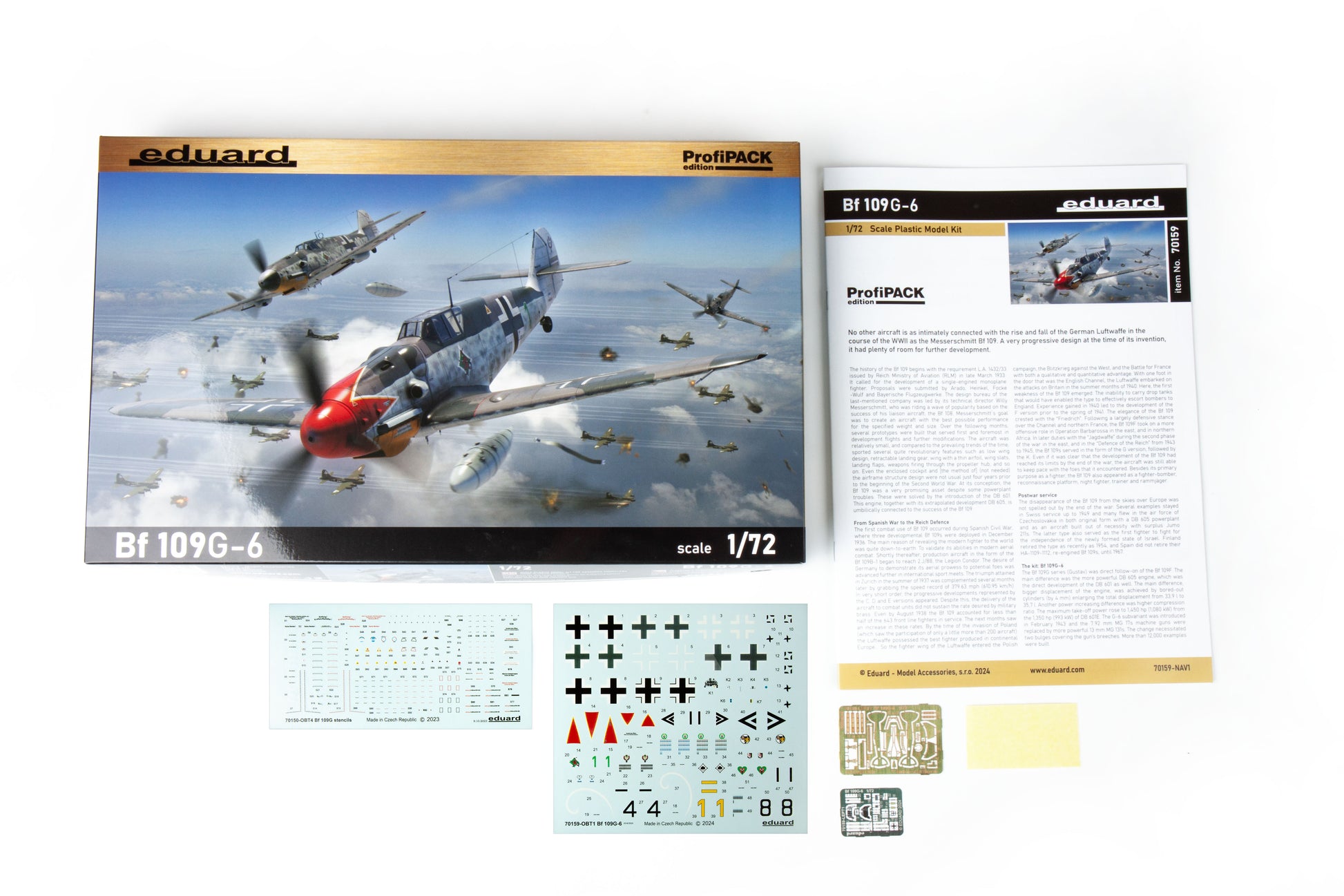 Contenido de la caja de la maqueta del caza alemán Bf-109 en versión G-6 de Edurad referencia 70159