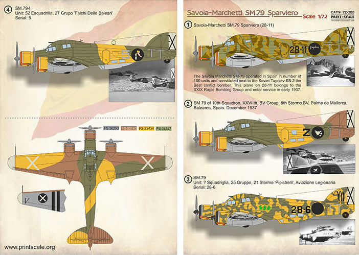Set de calcas para aviones SM-79 en escala 1:72 de la Legión Cóndor de Print Scale referencia 72-388