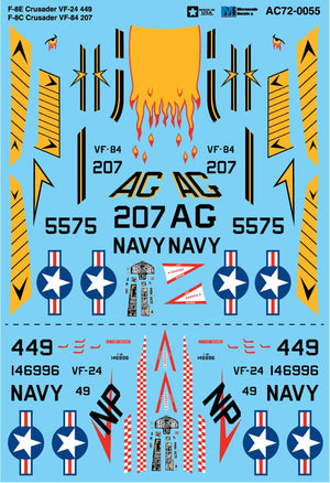 Juego de calcas para cazas F-8 Crusader en versiones Co E en escala 1:48 de los escuadrones VF-24  VF-84 de Microste referencia 480055