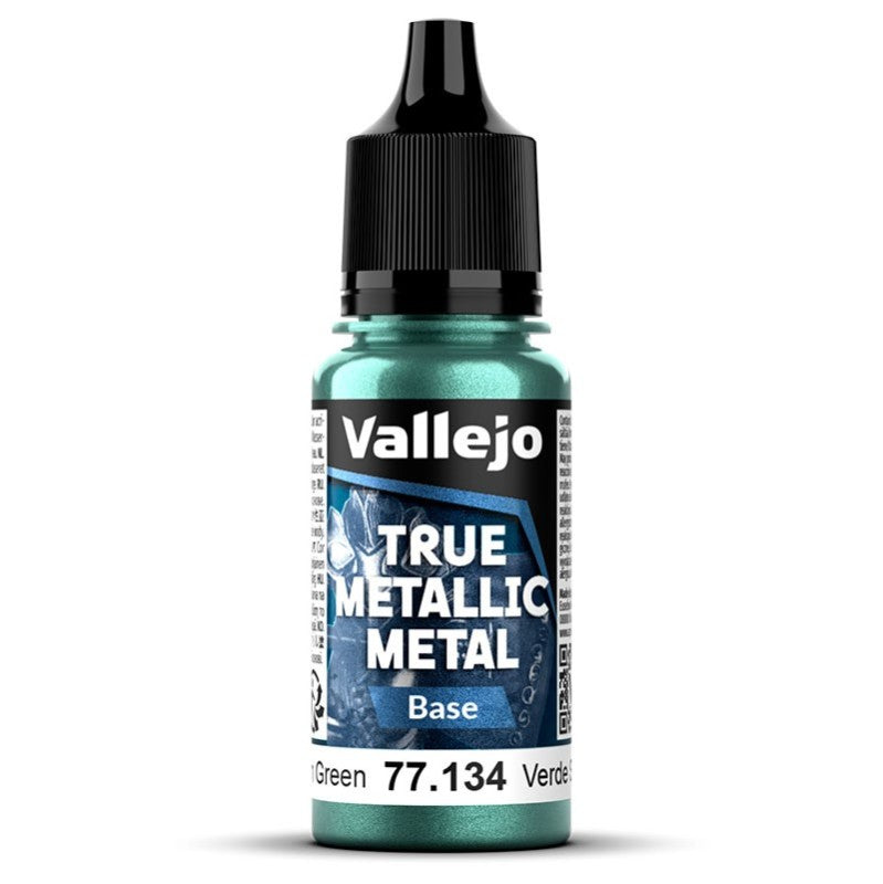 Bote de pintura de 18ml de color Base Verde Sombrío de la gama de pintura True Metallic Metal de Vallejo referencia 77134