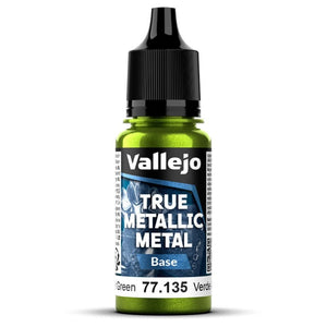 Bote de pintura de 18ml de color Base Verde Ámbar de la gama de pintura True Metallic Metal de Vallejo referencia 77135