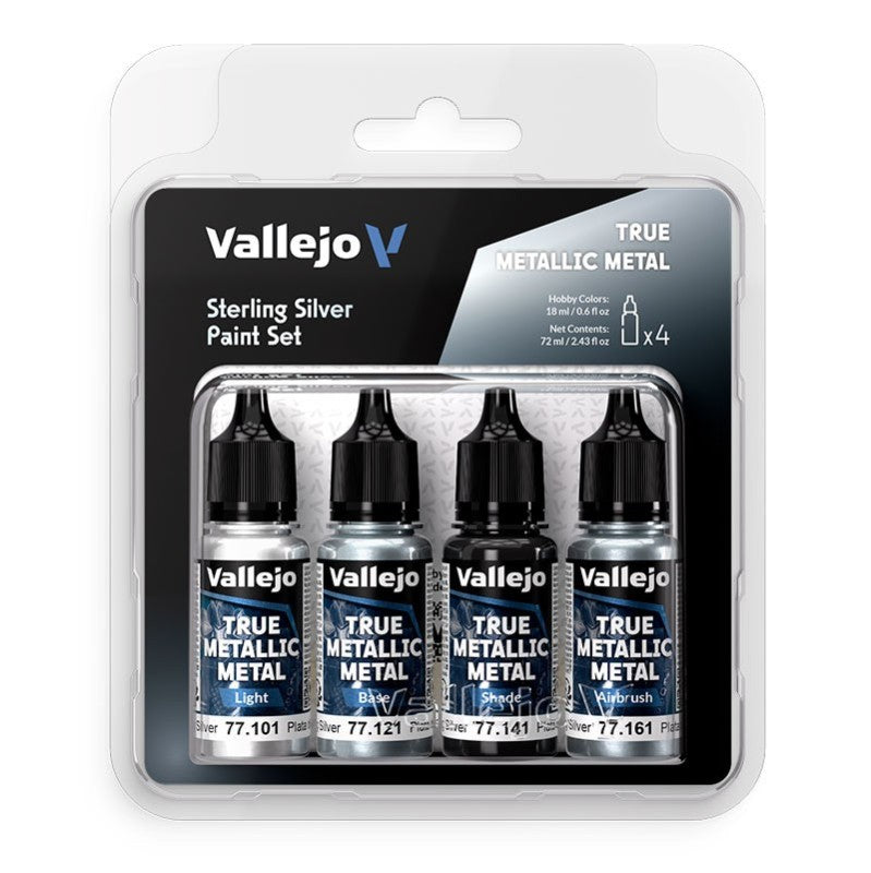 Set de 4 colores plata de ley de la gama true metallic metal de Vallejo referencia 77251  