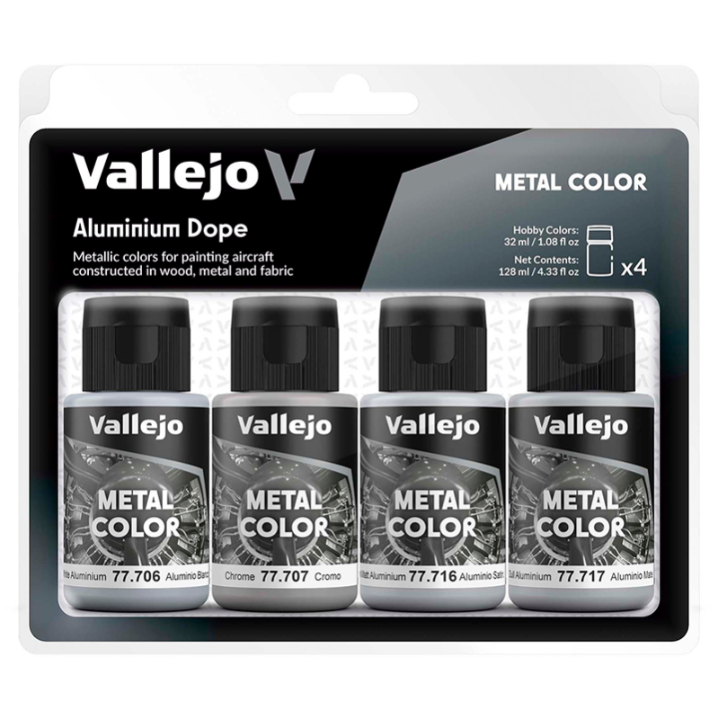 Set de 4 botellas de 32ml de colores Aluminio Dope de 32ml de Vallejo referencia 77603