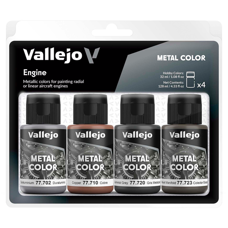 Set de 4 botes de 32ml de colores metálicos para motores de aviones de Vallejo referencia 77604