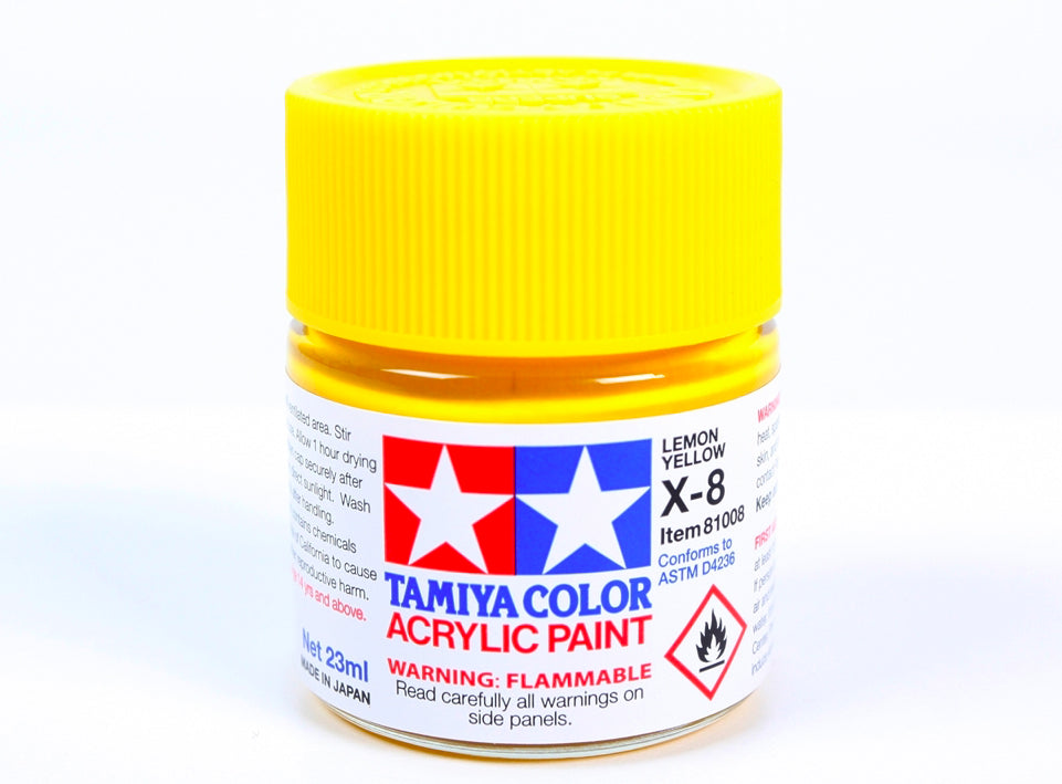 Bote de pintura de 23ml de color amarillo limón brillante de Tamiya referencia X-8