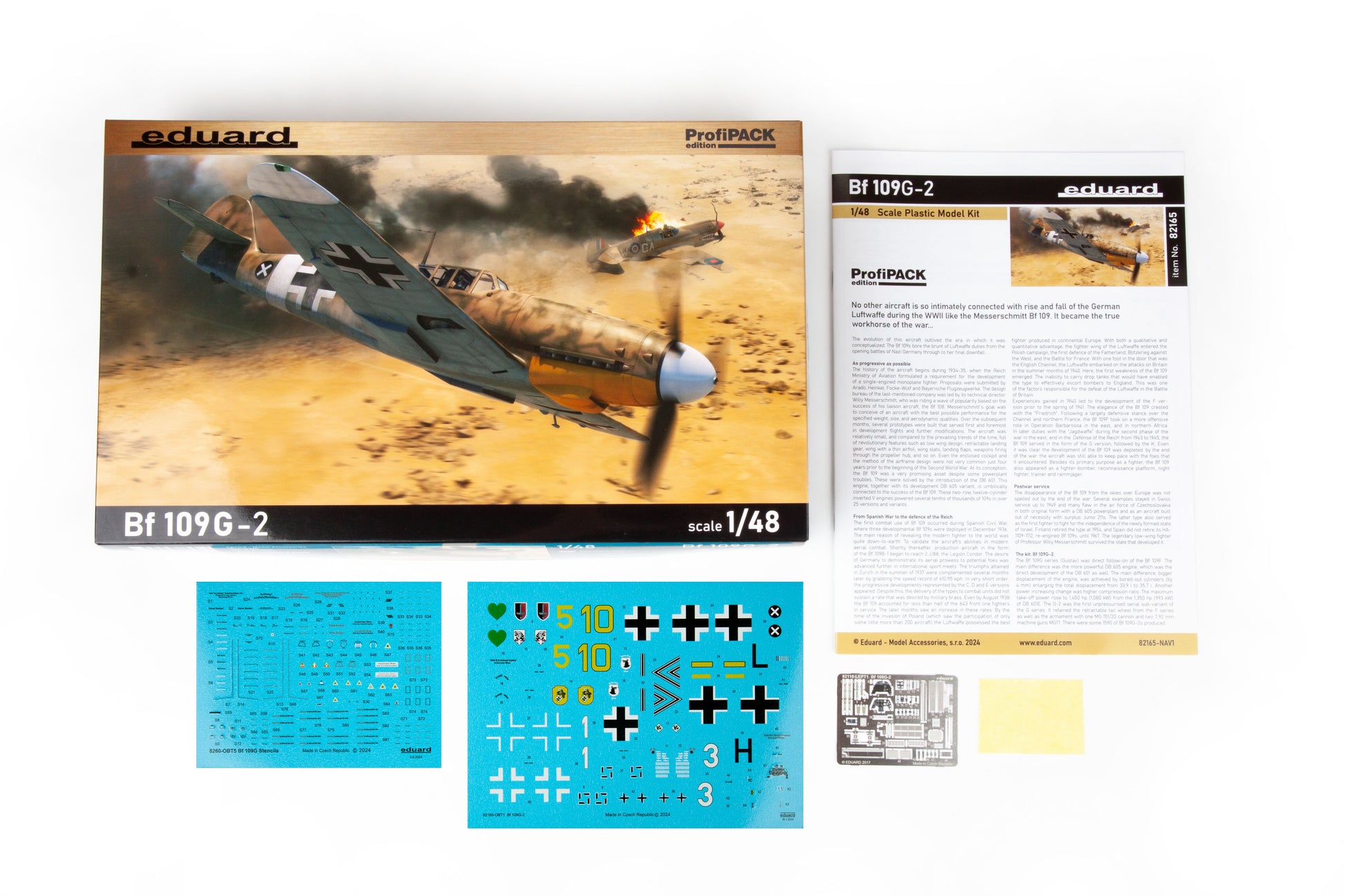 Contenido de la caja de la maqueta del caza Messerschmitt BF-109 en versión G-2 y escala 1:48 de Eduard referencia 82165