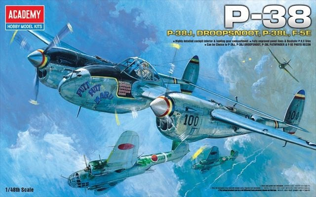 Portada de la caja de la maqueta del caza norteamericano P-38 Lighning en escala 1:48 de Academy referencia 12282