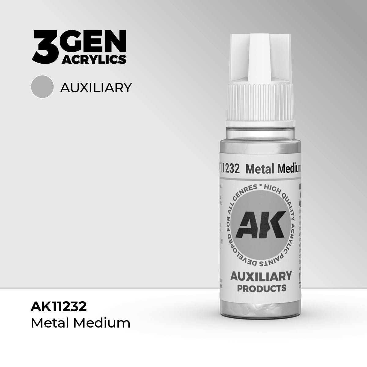 Bote de 18ml de Metal Medium acrílico de AK para las pinturas 3Gen, aportando terminación nacarada, referencia AK11232