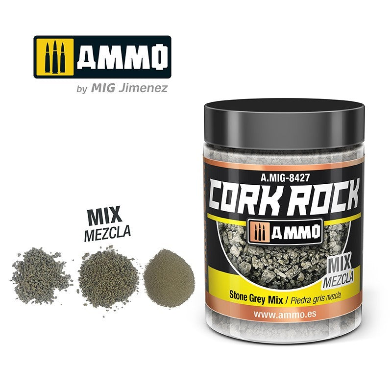 Bote de 100ml de mezcla de corcho simulando piedras grises en distintos tamaños, ideal para para dioramas referencia 8427 de Ammo 