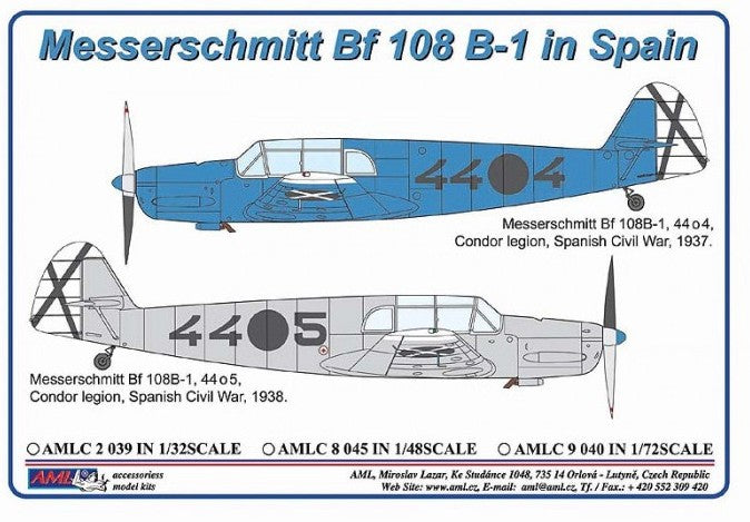 Set de calcas del bando nacional para aviones BF 108 B-1 en escala 1:32 del fabricante AML