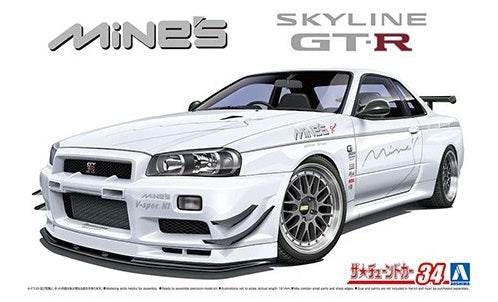 Portada de la caja de la maqueta del deportivo Nissan Skyline GT R 34 Mine's en escala 1:24 de Aoshima referencia 05986