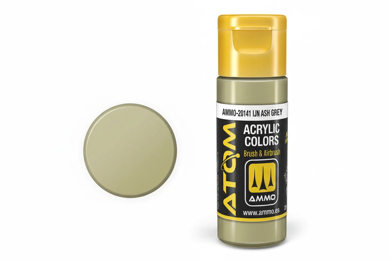 Bote de 20ml de pintura color IJN Gris Ceniza de la gama Atom de AMMO referencia 10141