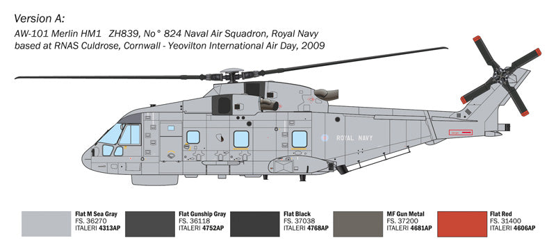 Esquema decoración 1  de la maqueta del helicóptero británico AW-101 Merlin en escala 1:72 de Italeri referencia 1486