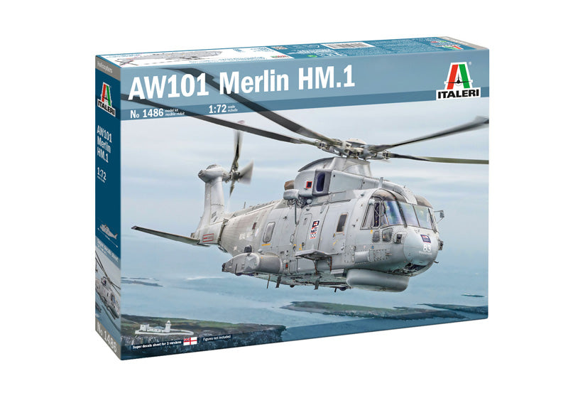 Portada de la caja de la maqueta del helicóptero británico AW-101 Merlin en escala 1:72 de Italeri referencia 1486