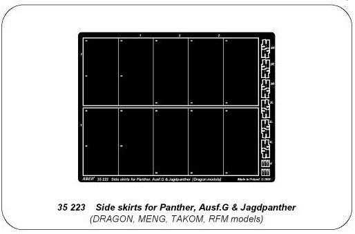 Contenido del set de mejora de faldones de protección lateral para carros Panther G y Jagdpanther en escala 1:35 de Aber referencia 35223