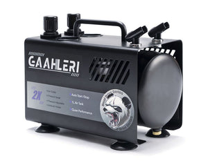 Foto frontal del compresor de aire Gaahleri GT-918 con doble sistema de presión de aire para 2 aerógrafos