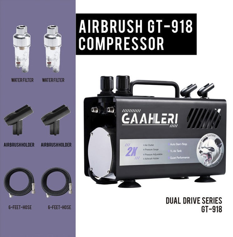 Extras incluidos en la caja del compresor Gaahleri GT918. Para dos aerógrafos