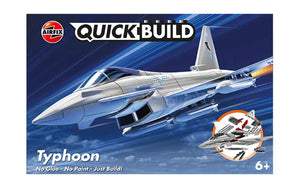 Caja de la maqueta del caza europeo Eurofighter Typhoon en la versión de Airfix Quickbuild en la que no se usa ni pegamento ni pintura, solo hay que construirlo. Referencia J6002