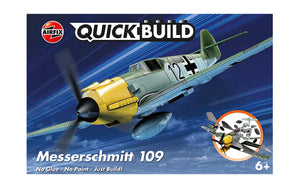 Caja de la maqueta del caza alemán Messerschmitt 109 en la versión de Airfix Quickbuild en la que no se usa ni pegamento ni pintura, solo hay que construirlo. Referencia J6001