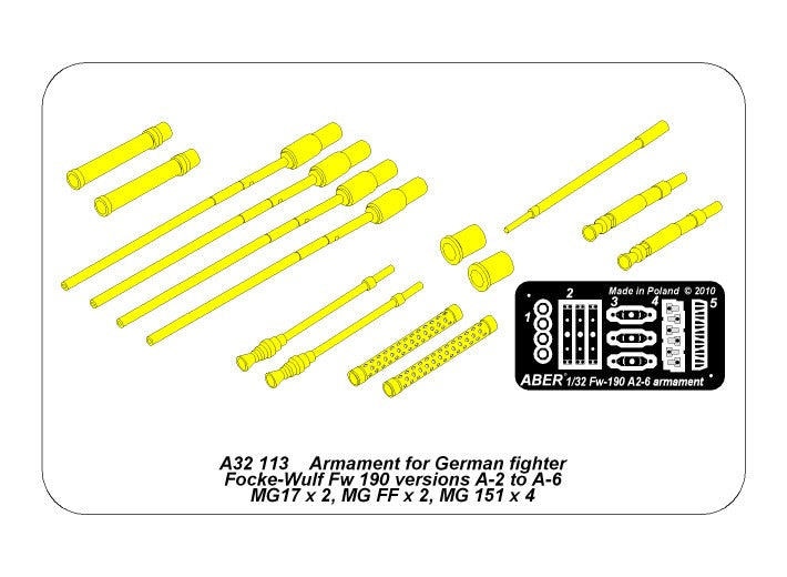 Instrucciones del set de ametralladoras para caza alemán Fw190 en sus versiones de la A2 a la A6 en escala 1:32 del fabricante Aber referencia A32 113