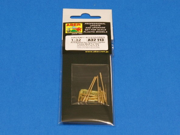 Empaquetado del set de ametralladoras para caza alemán Fw190 en sus versiones de la A2 a la A6 en escala 1:32 del fabricante Aber referencia A32 113