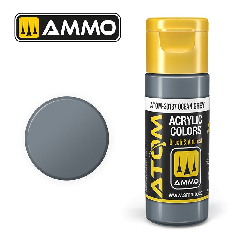 Bote de pintura de 20ml de color ocean grey de la gama de pinturas Atom de Ammo referencia 20137