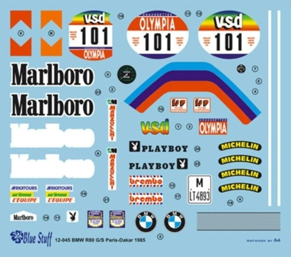 Calcas de la moto BMW R18 que compitió el Paris-Dakar de 1985 en escala 1:12 del fabricante Blue Stuff referencia 12-045