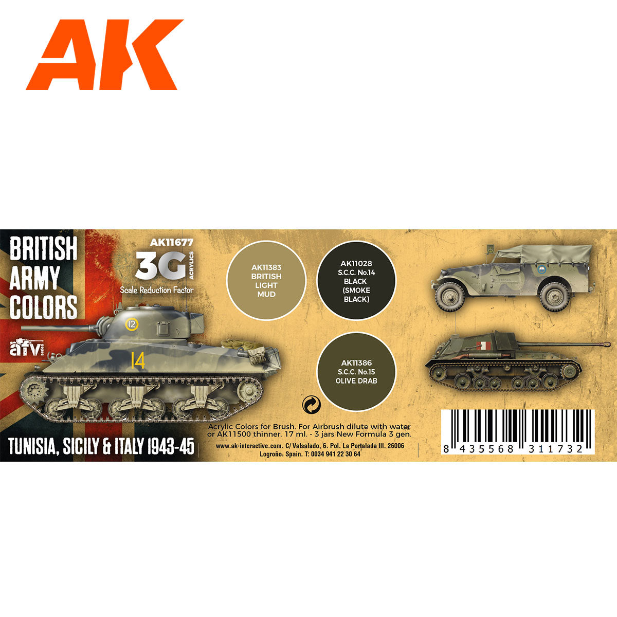 Detalle del set de pinturas de colores británicos en las campañas de Tunez, Sicilia e Italia del 43 al 45 de AK referencia 11677