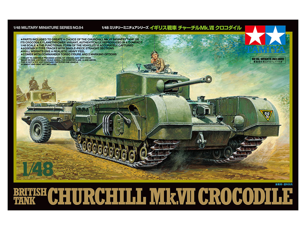 Portada de la caja de la maqueta del tanque británico Churchill MkVII Cocodrile en escala 1:48 de Tamiya referencia 32594