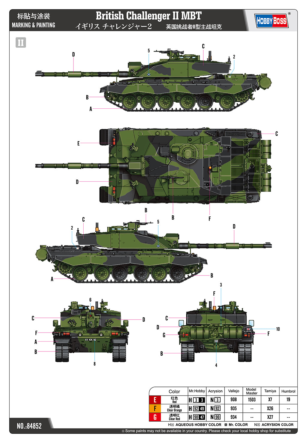 Esquema de camuflaje 2 de la maqueta del carro de combate inglés Challenger II en escala 1:48 de Hobby Boss referencia 84852