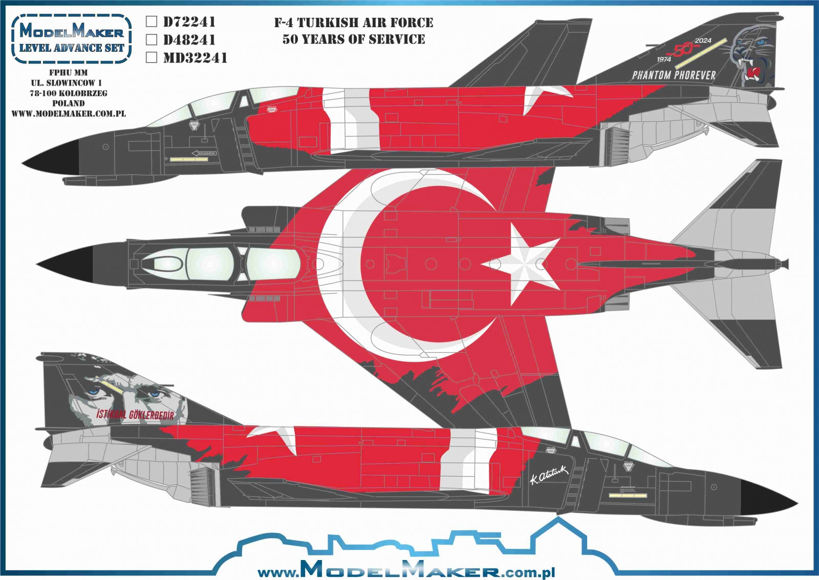 Juego de calcas para F-4 Phantom de Turquía en su 50 aniversario en escala 1:72 de ModelMaker referencia 72241