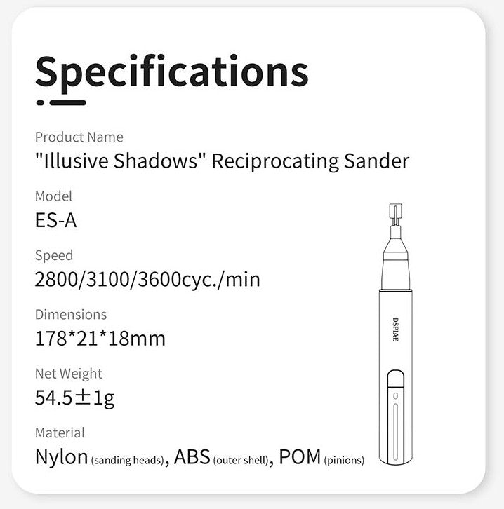 Especificaciones de la herramienta de lijado eléctrica DSPIAE de batería con carga USB
