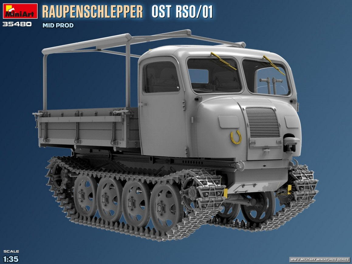 Diseño frontal derecho de la maqueta del tractor Raupenschlepper OST ROS 01 Mid Production en escala 1:35 de Miniart referencia 35480