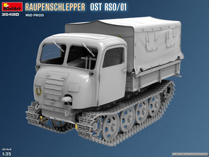 Diseño frontal izquierdo de la maqueta del tractor Raupenschlepper OST ROS 01 Mid Production en escala 1:35 de Miniart referencia 35480