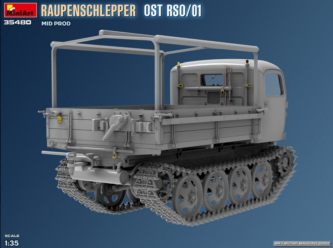 Diseño trasero derecho de la maqueta del tractor Raupenschlepper OST ROS 01 Mid Production en escala 1:35 de Miniart referencia 35480