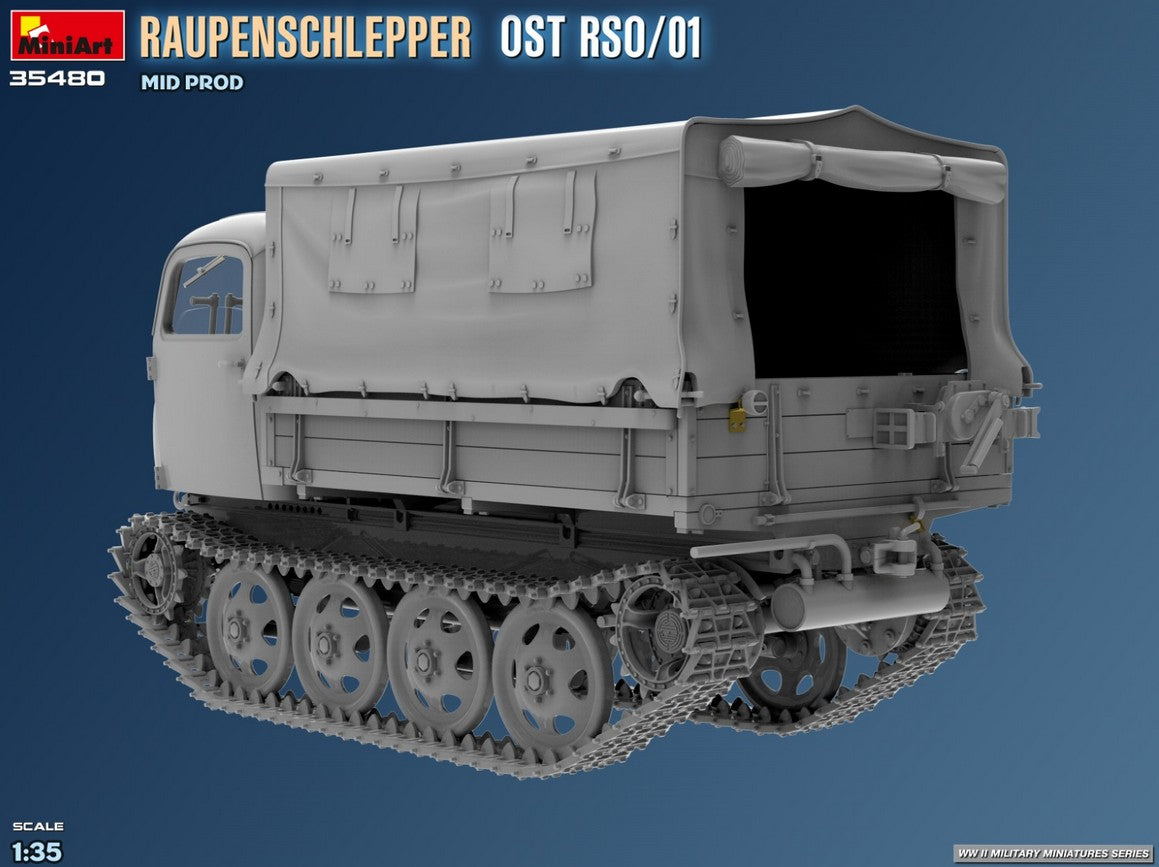 Diseño trasero izquierdo de la maqueta del tractor Raupenschlepper OST ROS 01 Mid Production en escala 1:35 de Miniart referencia 35480