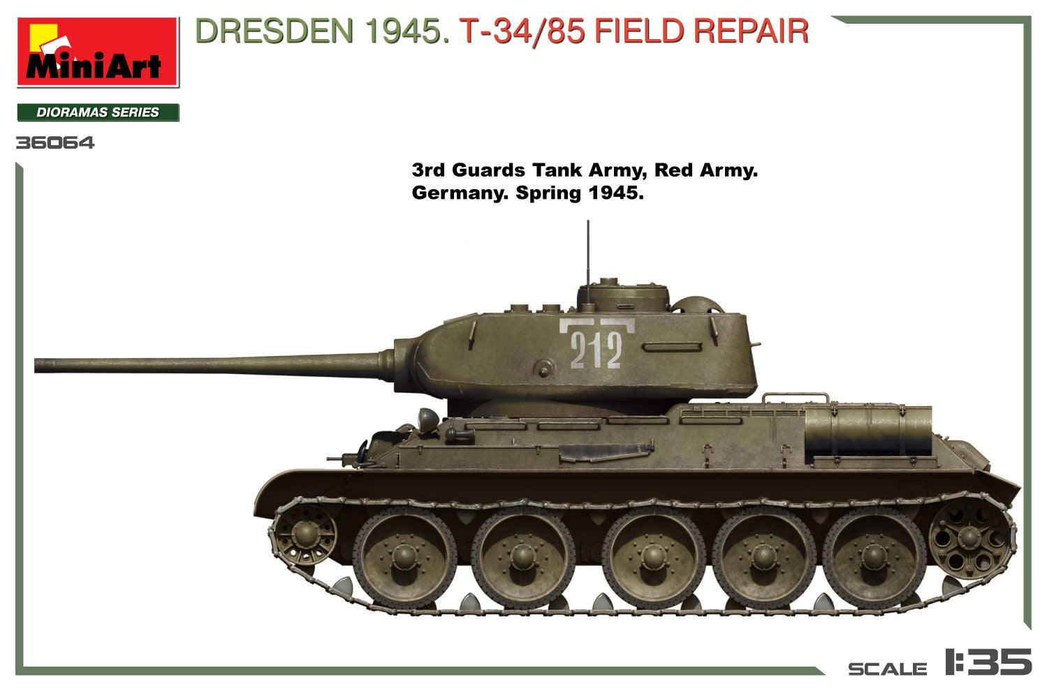 Decoración de la maqueta del tanque soviético T-34/85 con diorama ambientado en Dresden en 1945 mientras le hacen labores de mantenimiento en escala 1/35 de Miniart referencia 36064