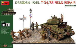 Portada de la maqueta del tanque soviético T-34/85 con diorama ambientado en Dresden en 1945 mientras le hacen labores de mantenimiento en escala 1/35 de Miniart referencia 36064