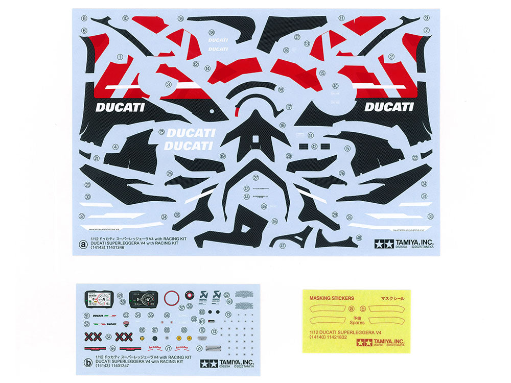 Calcas y máscara de la maqueta de la moto Ducati Superleggera V4 con Racing Kit en escala 1:12 de Tamiya Referencia 14143
