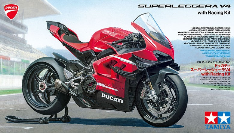 Portada de la maqueta de la moto Ducati Superleggera V4 con Racing Kit en escala 1:12 de Tamiya Referencia 14143