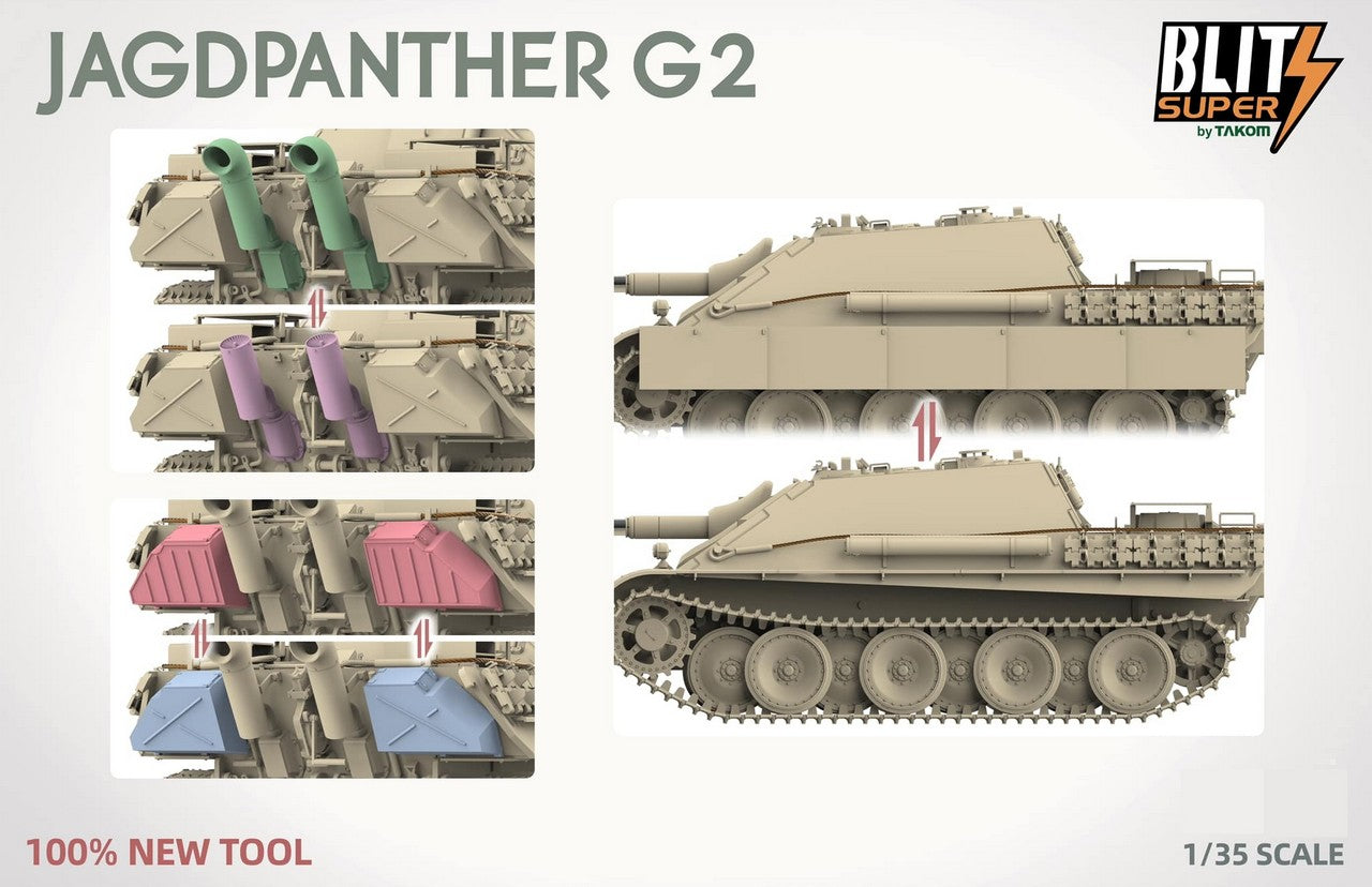Distintas configuraciones de escapes de la maqueta del cazacarros alemán Jagdpanther G2 en escala 1:35 del fabricante Das Werk 35042