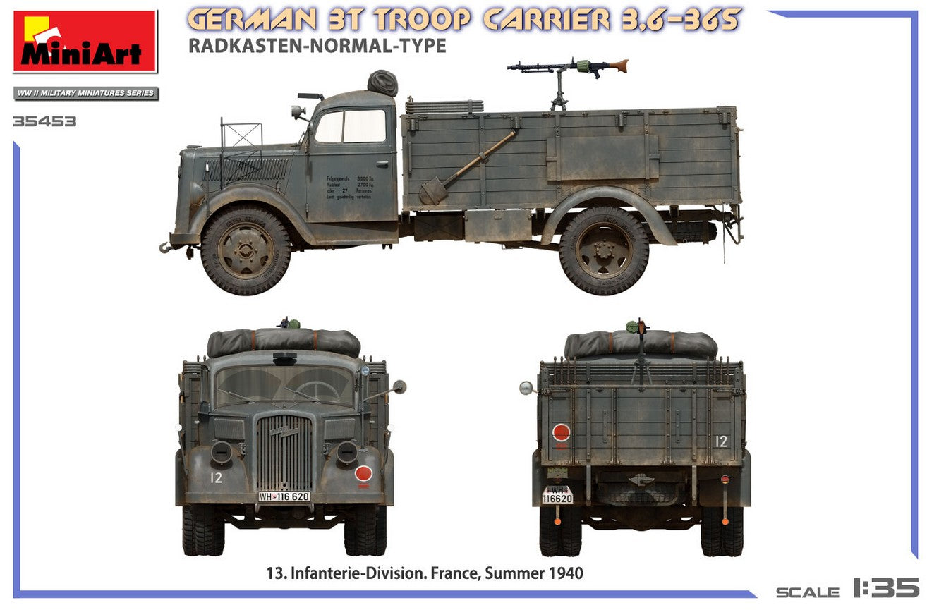 Esquema de camuflaje de la 13 Division de Infanteria alemana de la maqueta del Opel Blitz 3 Toneladas a 1:35 de Miniart con referencia 35453