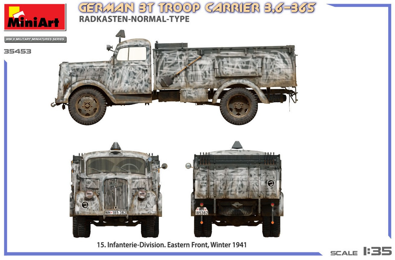 Esquema de camuflaje invernal de la 15 Division de Infanteria alemana de la maqueta del Opel Blitz 3 Toneladas a 1:35 de Miniart con referencia 35453
